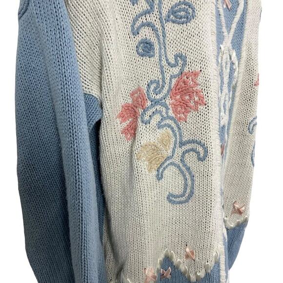 Gina Peters Womens Vintage Blue Embroidered Cottagecore Chunky Knit Sweater sz L - Picture 3 of 16